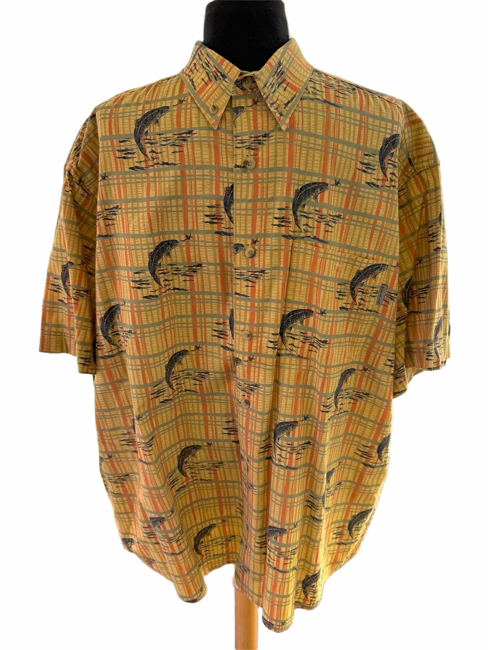 Woolrich Curry Fish & Dragonfly #6643 Short Sleeve Button Down Shirt Size XL